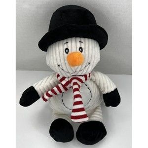 White Textured Ribbed Snowman Plush Black Hat Red White Scarf Carrot Nose